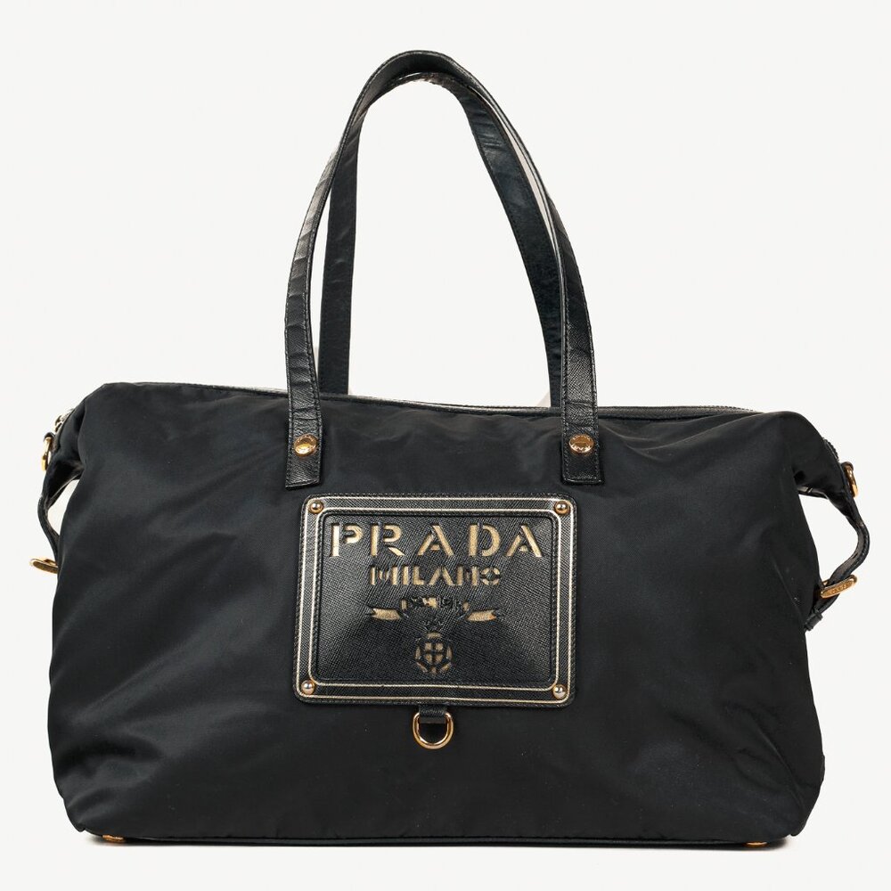 Prada Vintage Tessuto Nylon Saffiano Stencil Logo Black & Gold Bag